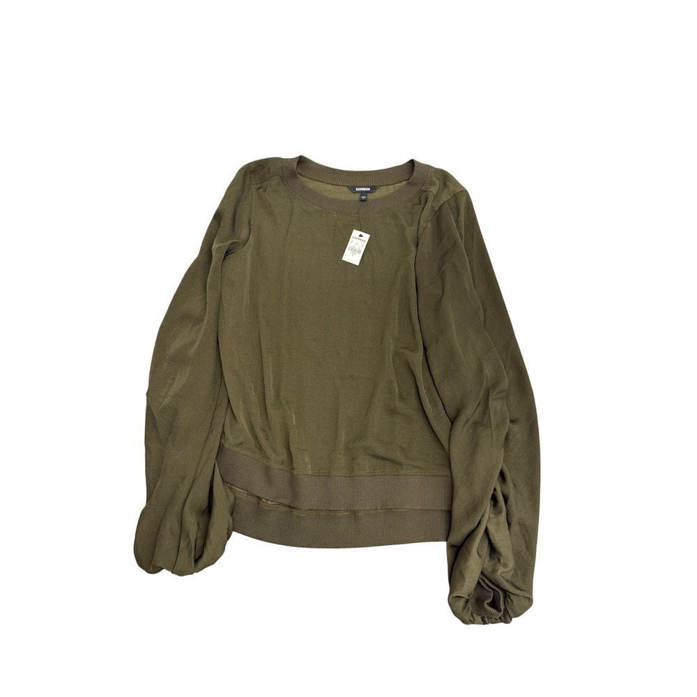 Express Womens Olive Green Mixed Media Balloon Sleeve Crew Neck Top Small NWT